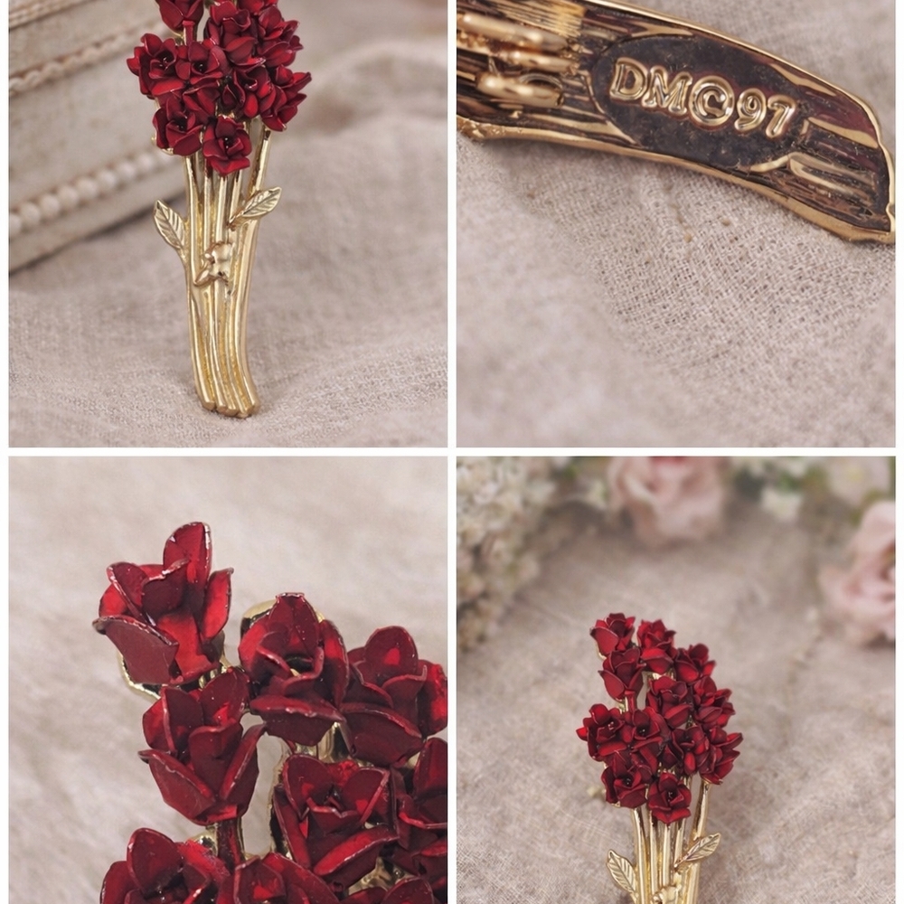 Vintage Red Enamel Rose Bouquet Brooch | Gold-Ton… - image 7